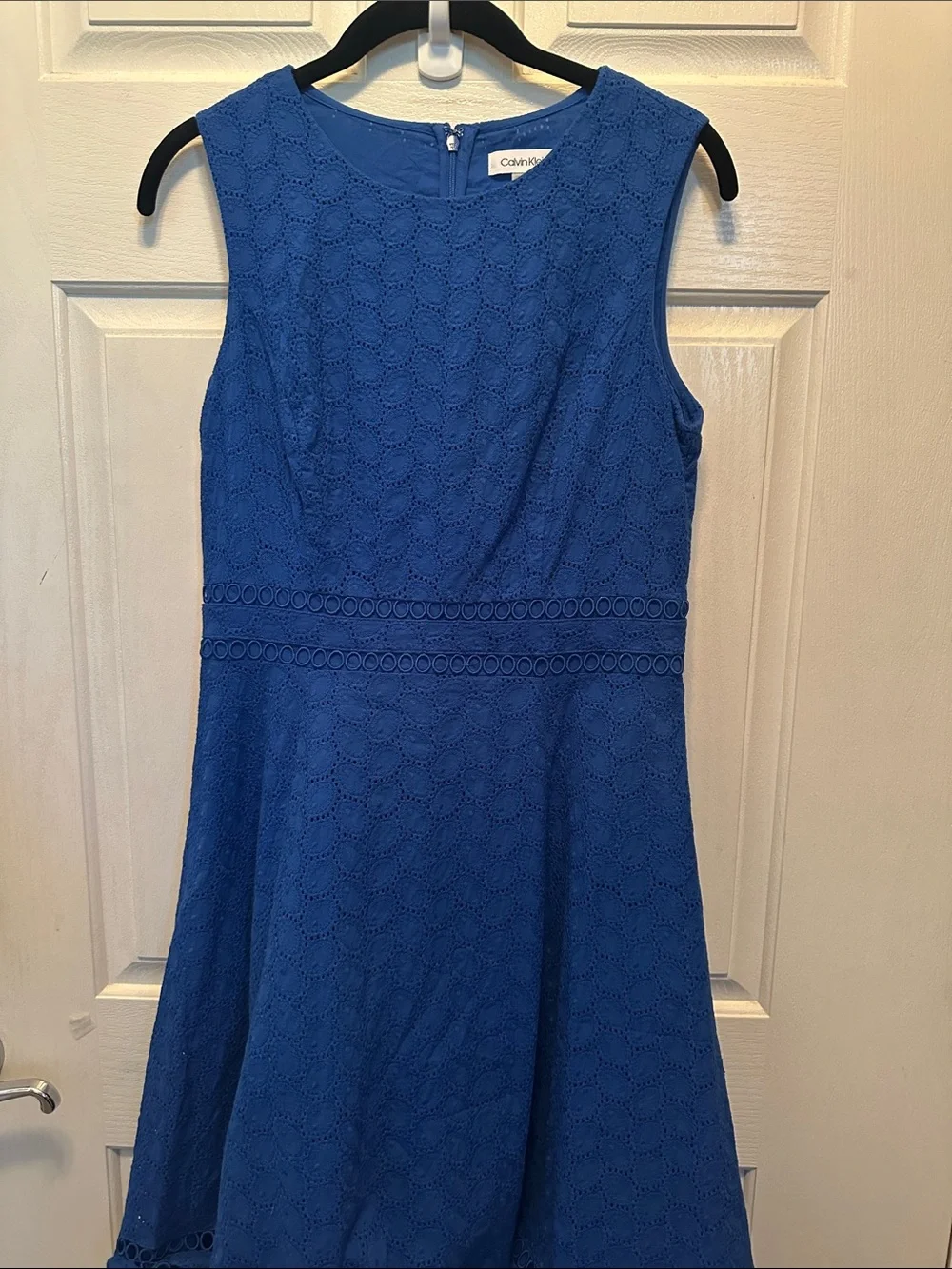 Calvin Klein 100% Cotton Cobalt Blue Lace Fit-and-Flare Dress Lined Size 4 - Picture 3 of 3